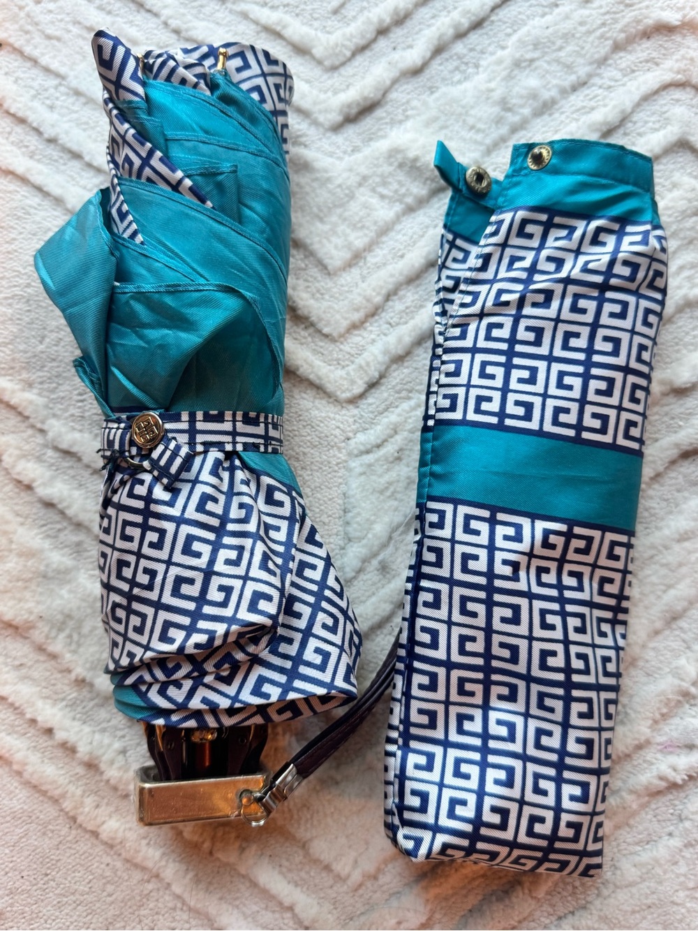 Givenchy Teal and Navy Geometric Print Folding Umbrella